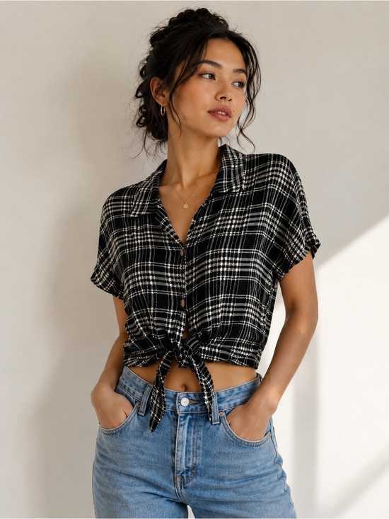 Wilfred Tops - Aritzia Wilfred Free Plaid Tie Front Crop Blouse XXS